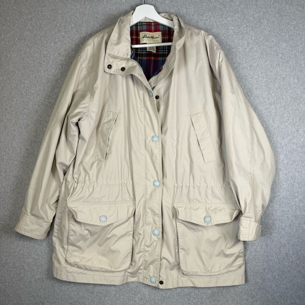 Eddie Bauer Womens Size Large Wool Blend Coat Tan Lined Snap Front Pockets